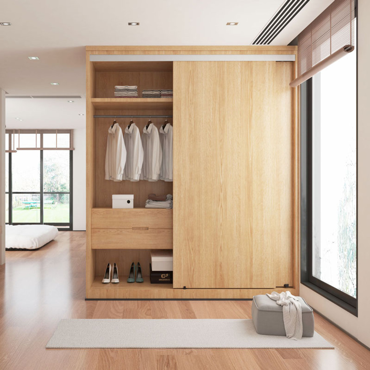 Eleganckie drzwi przesuwne z lustrem idealnie organizują przestrzeń w nowoczesnej garderobie