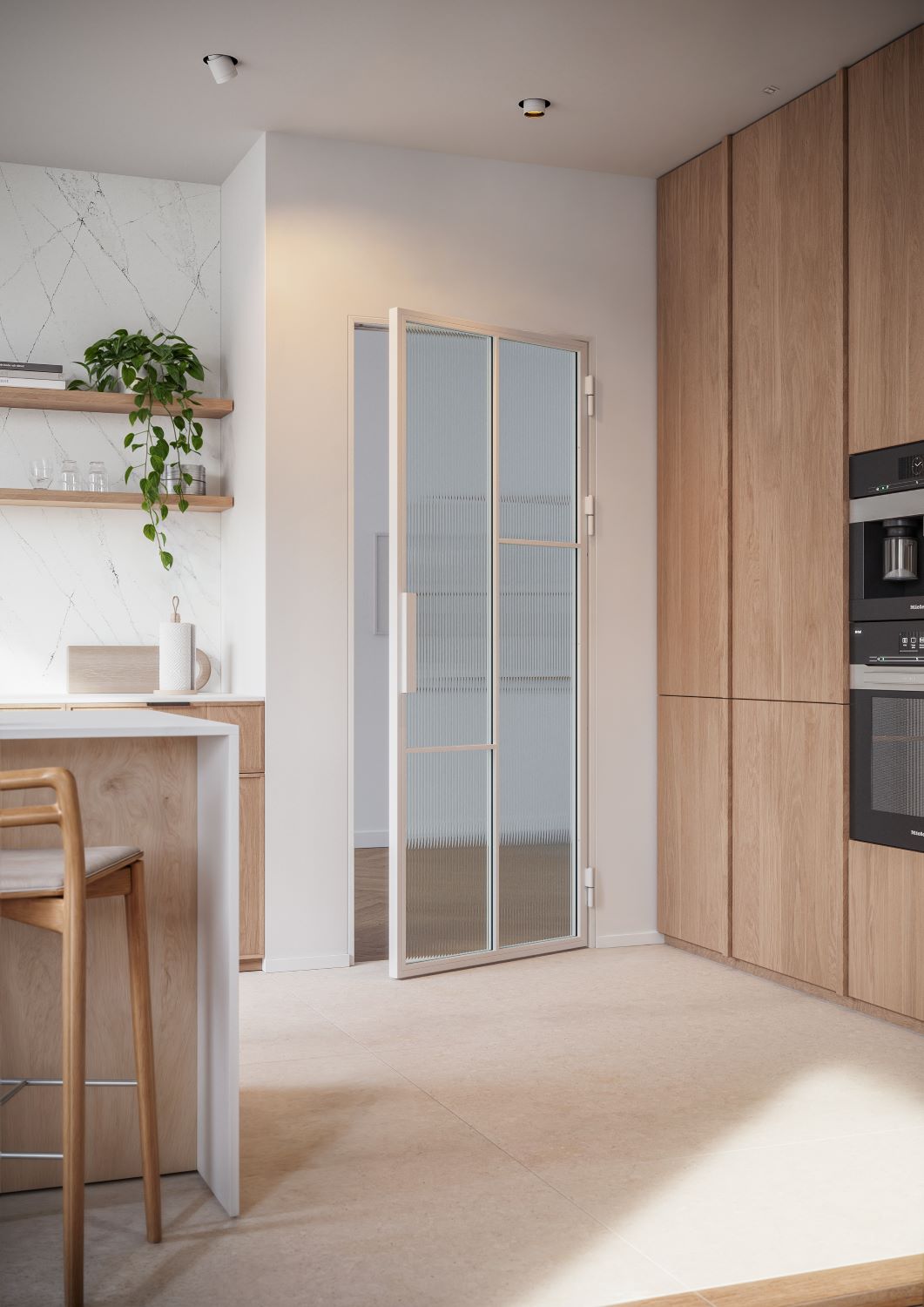 stalowe drzwi loftowe w kuchni z matowym szkłem i uchwytem poziomym